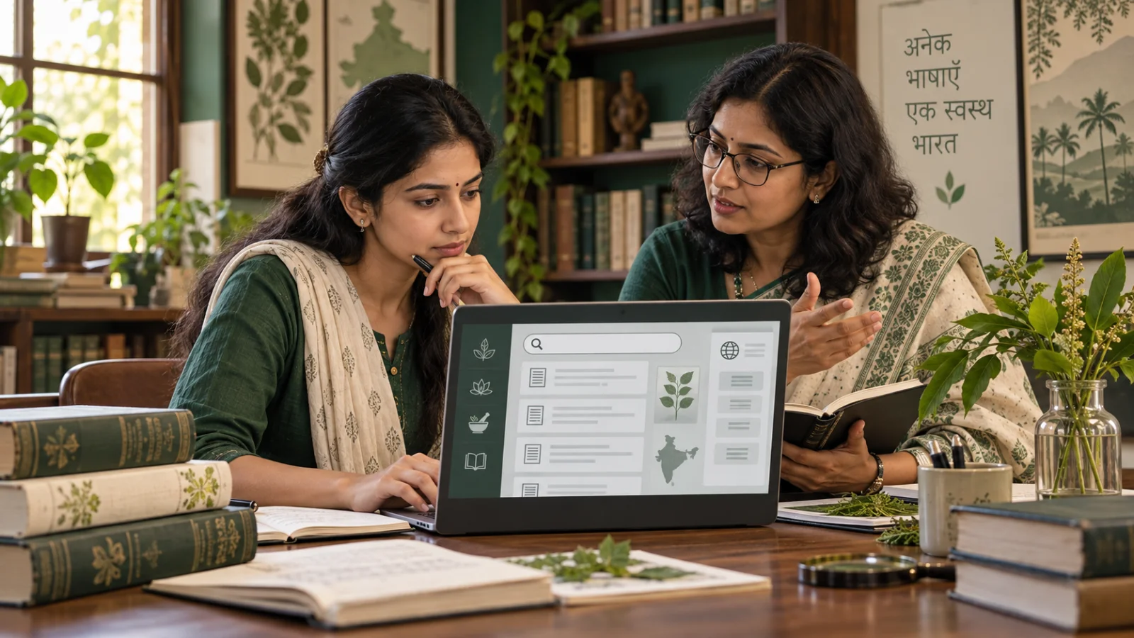 डिजिटल शोध सामग्री पर चर्चा करते दो शोधकर्ताओं का एआई-निर्मित सांकेतिक चित्रण