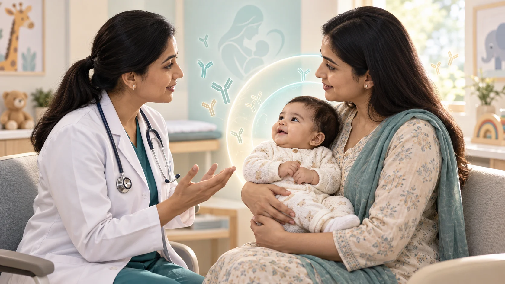 शिशु को गोद में लिए मां से बचाव के बारे में चर्चा करती बाल रोग विशेषज्ञ; एआई निर्मित सांकेतिक चित्रण