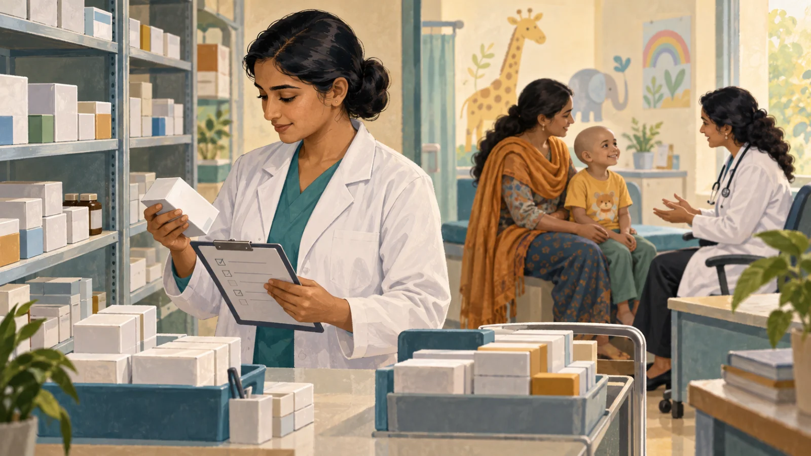 दवा के डिब्बे जांचती फार्मासिस्ट और बाल चिकित्सा परामर्श का एआई-निर्मित सांकेतिक चित्रण