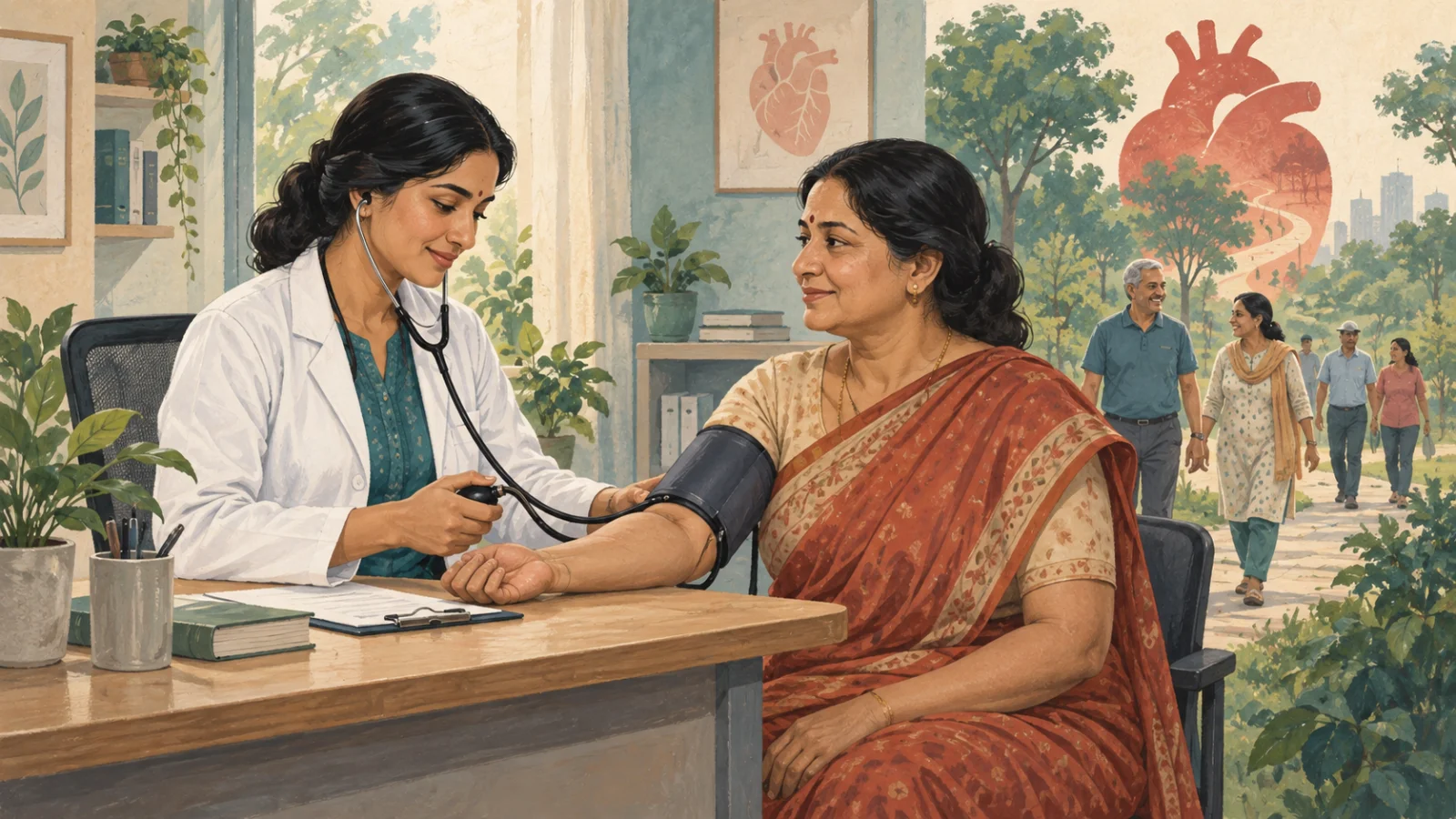 रक्तचाप जाँच कराती महिला और टहलते लोग: हृदय स्वास्थ्य का एआई-निर्मित सांकेतिक चित्र