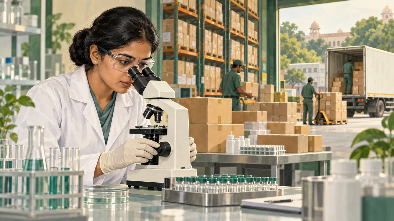 दवा अनुसंधान और आपूर्ति का एआई-निर्मित सांकेतिक चित्रण; वास्तविक एक्सपो की तस्वीर नहीं।