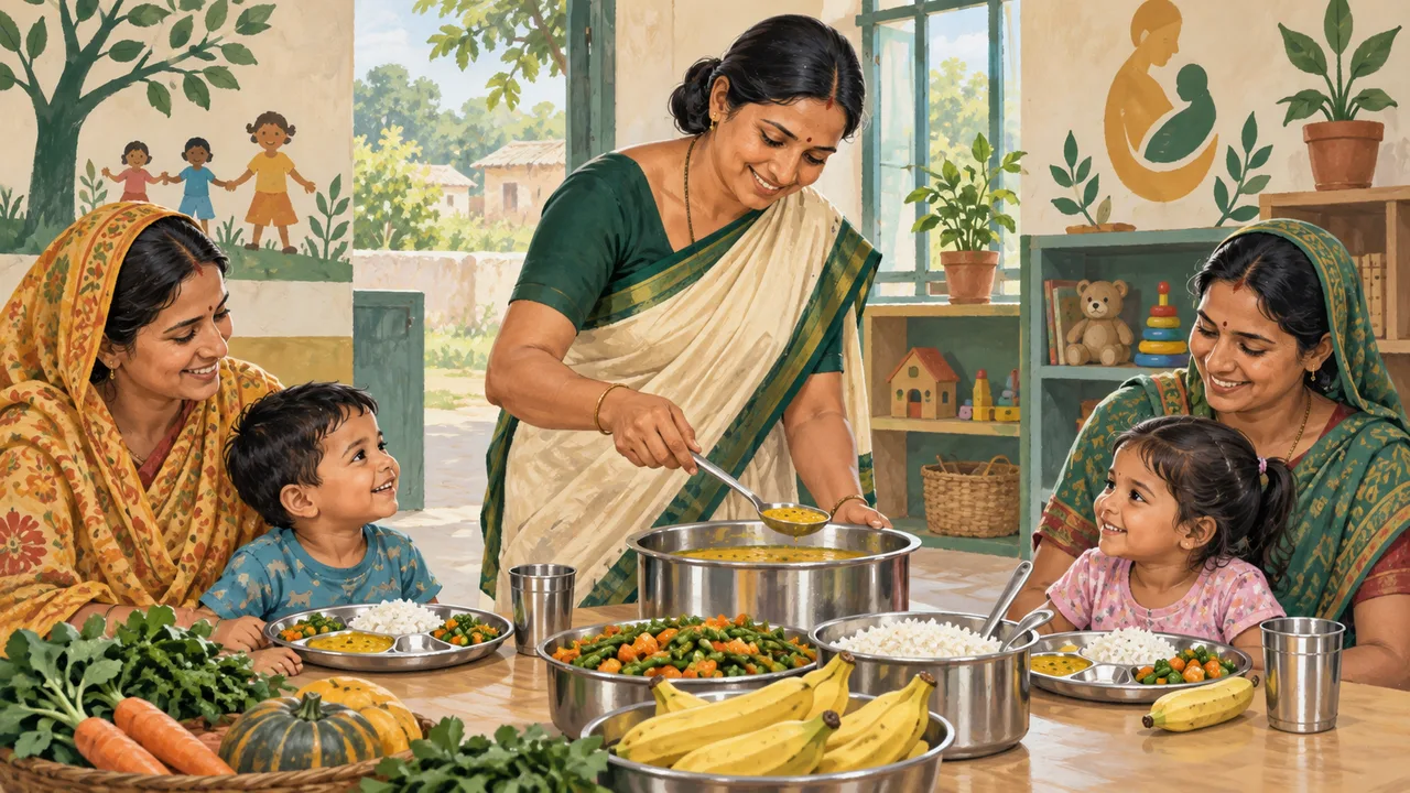आंगनवाड़ी में पौष्टिक भोजन परोसने का एआई-निर्मित सांकेतिक चित्रण; वास्तविक आयोजन की तस्वीर नहीं।