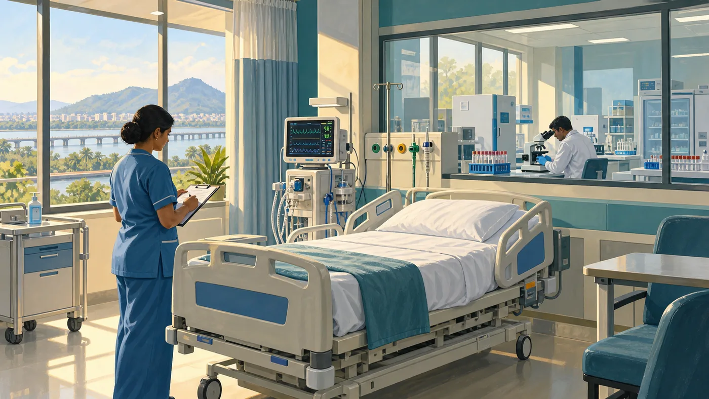 क्रिटिकल केयर और स्वास्थ्य प्रयोगशाला का एआई-निर्मित सांकेतिक चित्रण; वास्तविक अस्पताल का फोटो नहीं
