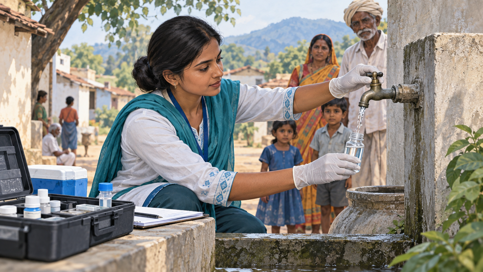 पेयजल का नमूना लेते कार्यकर्ता का एआई-निर्मित सांकेतिक चित्रण; वास्तविक आयोजन की तस्वीर नहीं