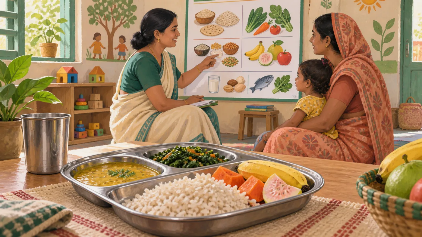 विविध भोजन और आंगनवाड़ी पोषण शिक्षा का एआई-निर्मित सांकेतिक चित्रण