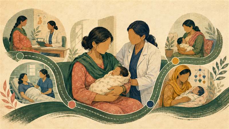 मातृ और नवजात देखभाल की निरंतरता को दर्शाता मेडिकल रिपोर्टर का संपादकीय चित्रण