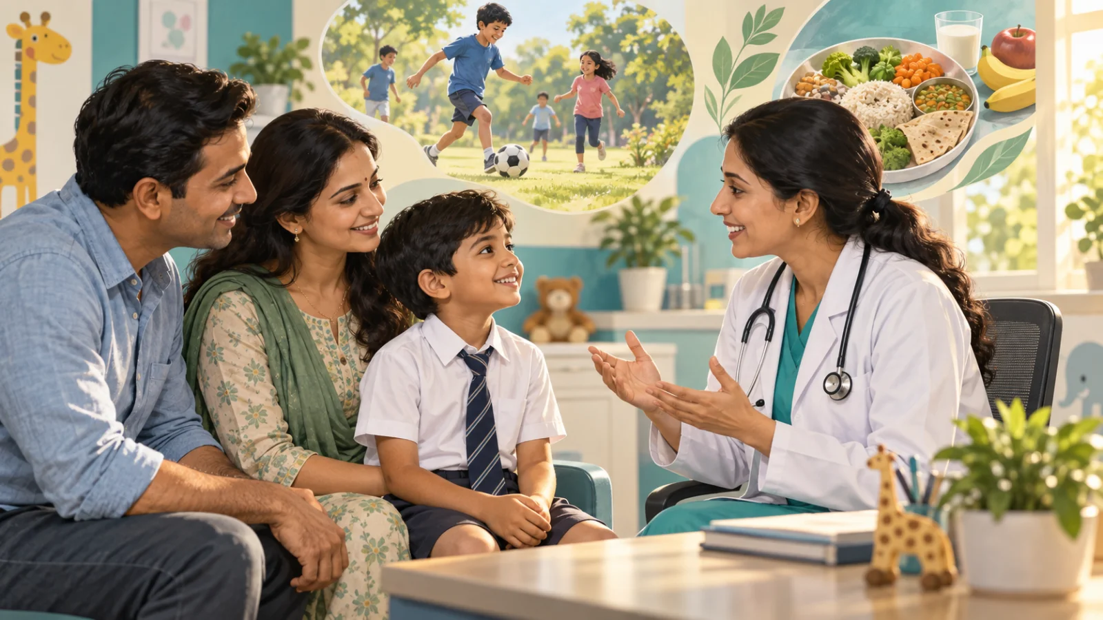 बच्चे की स्वस्थ वृद्धि पर परिवार और चिकित्सक की बातचीत का एआई-निर्मित सांकेतिक चित्र