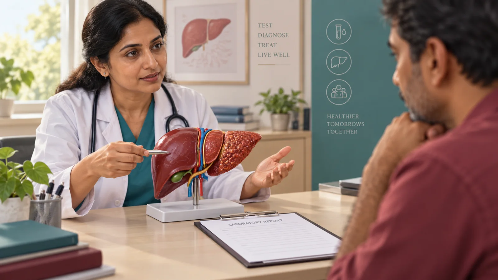 लिवर के शिक्षण मॉडल से जांच और देखभाल समझाती चिकित्सक का एआई-निर्मित सांकेतिक चित्र
