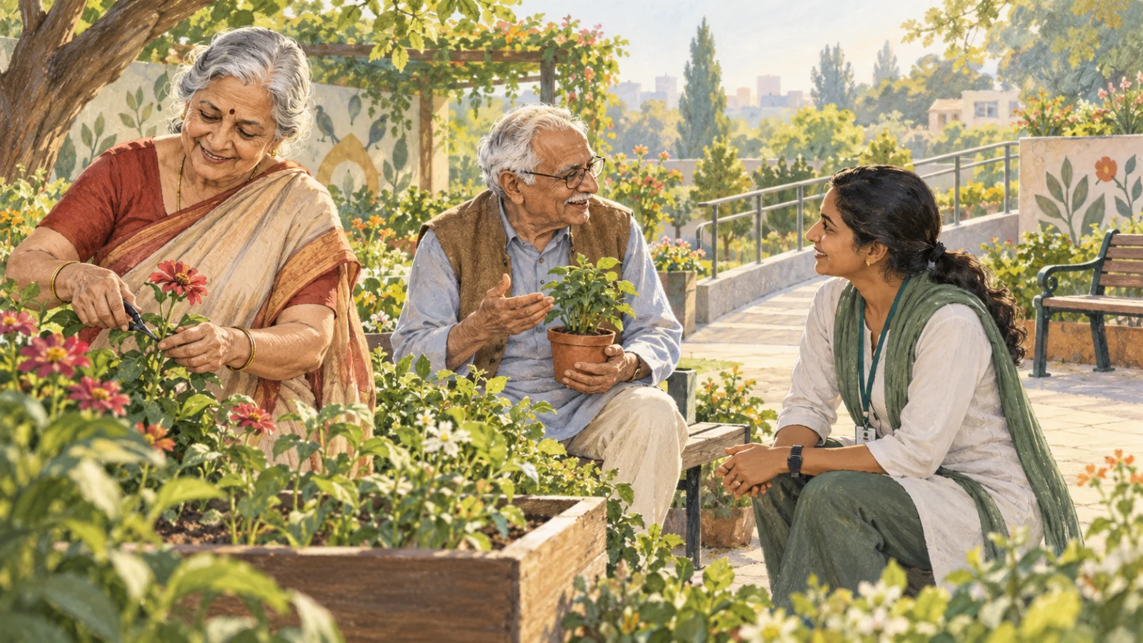 बगीचे में सक्रिय बुजुर्ग दंपती और सामुदायिक स्वास्थ्य सहयोगी का सांकेतिक चित्र