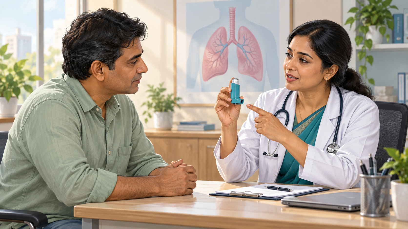 अस्थमा के इनहेलर पर डॉक्टर और मरीज का परामर्श; एआई-निर्मित सांकेतिक चित्र।