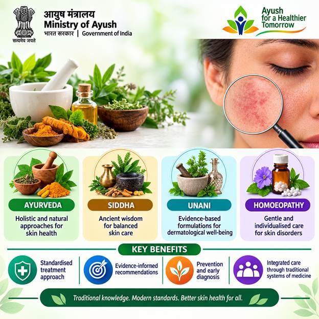 आयुष मंत्रालय ने चार पारंपरिक चिकित्सा प्रणालियों में त्वचा सम्बंधी विकारों के उपचार के लिए दिशानिर्देश जारी किए — इसी स्रोत की तस्वीर या इन्फोग्राफिक। सौजन्य: Press Information Bureau।